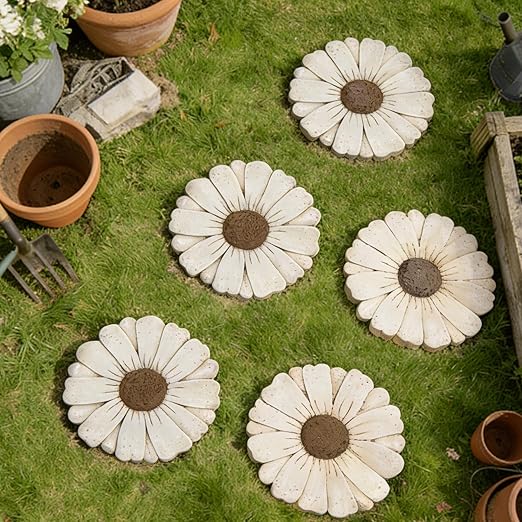 Landoraloria Cement Flower Stepping Stone 10” Daisy Garden Path Stone for Yard & Walkway Handcrafted Non-Slip Outdoor Patio Decor Weather-Resistant Cement Stone (White)