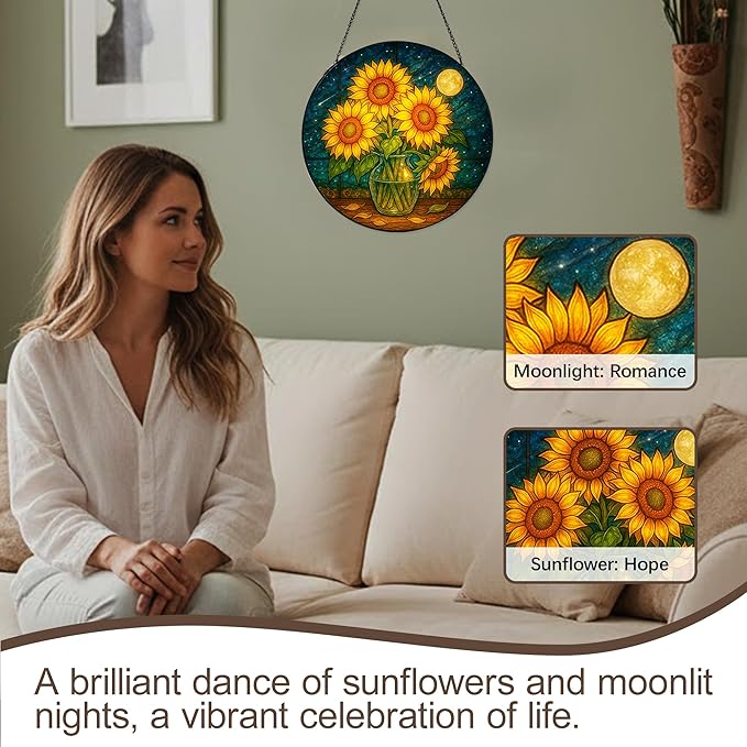 Stained Glass Window Hanging,Sunflower Sun Catchers Stained Glass Panels for Indoor Windows Wall Art Decor, Memorial Gift for Mom Women Wife Men Lovers (7.87inch)