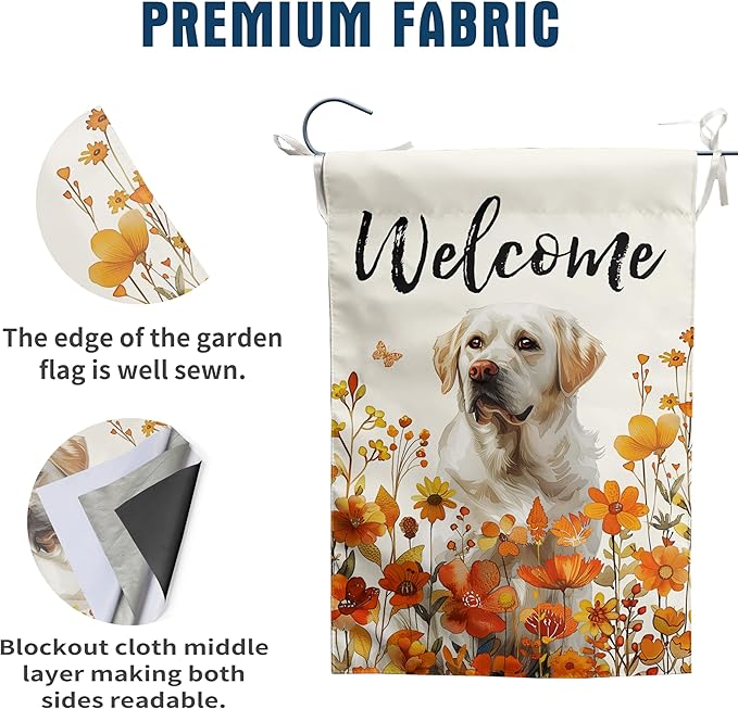 Floral White Lab Garden Flag Fall Yard Flag Wildflower Labrador Dog Garden Flags Orange Autumn Lawn Flags Welcome Thanksgiving Outdoor Flags for Outside 12x18 Double Sided Small