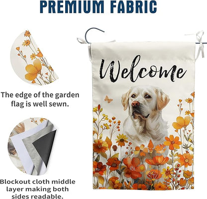 Floral White Lab Garden Flag Fall Yard Flag Wildflower Labrador Dog Garden Flags Orange Autumn Lawn Flags Welcome Thanksgiving Outdoor Flags for Outside 12x18 Double Sided Small