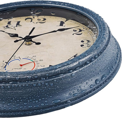 Outdoor Clocks Waterproof with Thermometer Rustic Coastal Wall Clock Decor for Patio Pool Garden(12 Inch,Blue)