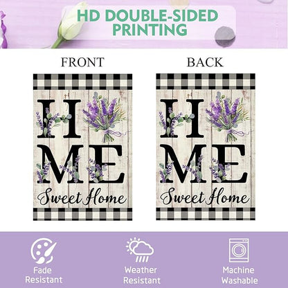 ORTIGIA Spring Summer Garden Flag 12.5 x 18 Inch Double Sided Burlap Home Sweet Home Purple Lavender Floral Flower Small Yard Flag Holiday Outdoor Outside Wedding Anniversary Decoration