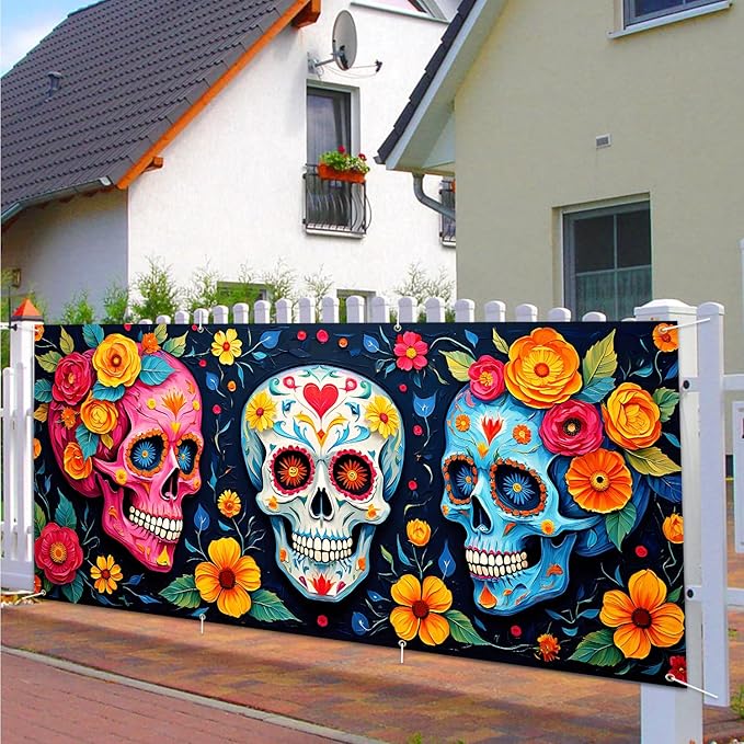 13x6 ft Sugar Skull and Marigolds Garage Door Banner - Mexican Day of the Dead Floral Skull Backdrop, Hanging Garage Decor - for Halloween Dia de los Muertos Party, Cultural Wall Art