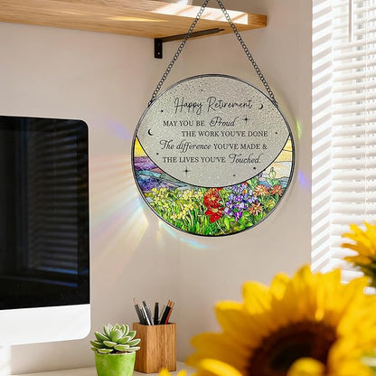8” Stained Glass Suncatcher Ornament – Floral Retirement Window Hanging Decorations, Retirement Gifts & Retired Gifts for Women, Men, Friends, Coworkers, Teachers - Style G