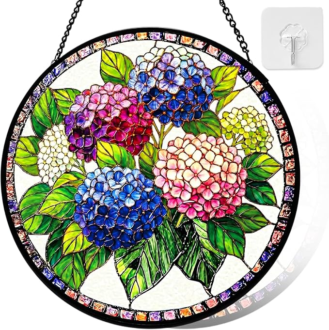 Stained Glass Window Hanging, Blue Hydrangea Flower Stained Glass Suncatcher, Window Decor, Hydrangea Plant Lover Gift for Women, Couples, Best Friend, Family, Colleague, Classmate 7.8 Inch
