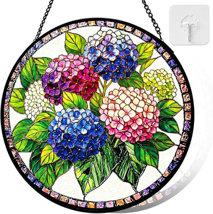 Stained Glass Window Hanging, Blue Hydrangea Flower Stained Glass Suncatcher, Window Decor, Hydrangea Plant Lover Gift for Women, Couples, Best Friend, Family, Colleague, Classmate 7.8 Inch