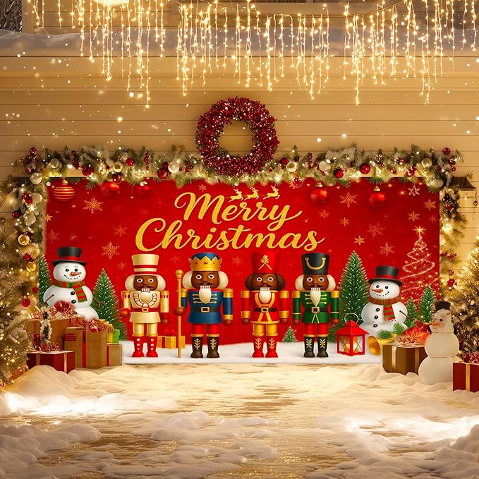 IVN Christmas Garage Door Banner 13x6ft Black Nutcracker Christmas Porch Banner Decorations Snowman Merry Christmas Garage Door Cover Decoration Home Door Front Yard Decor for Xmas Eve Holiday Outdoor