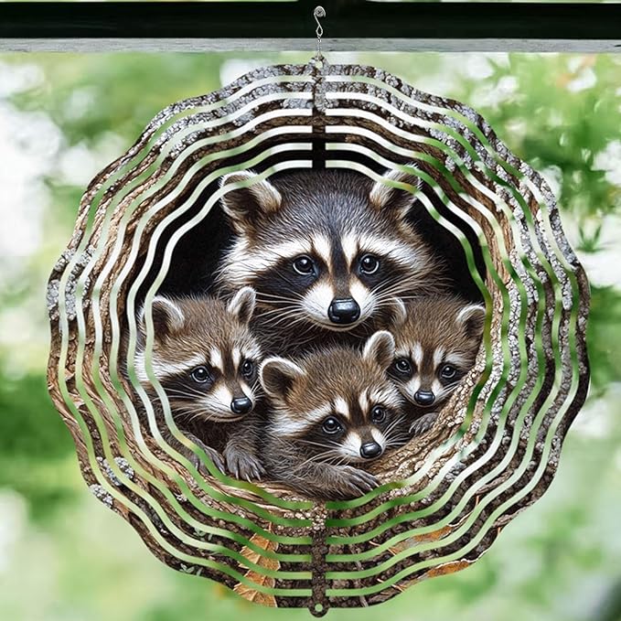 10 Inch Raccoon Wind Spinner, 3D Metal Hanging Kinetic Wind Rustproof Sculpture Gift for Garden Yard Art Balcony Window Porch Outdoor Decor, Women Mom Mothers Day