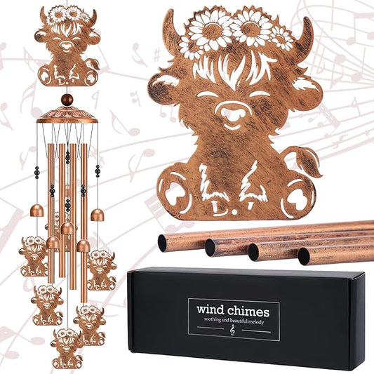 Highland Cow Wind Chimes - Metal Windchime Outdoor Indoor Decor Cows Gifts for Women Men Mom Grandma Animal Lover Garden Lawn Patio Yard Porch Home Decoration Birthday Christmas Memorial Gift