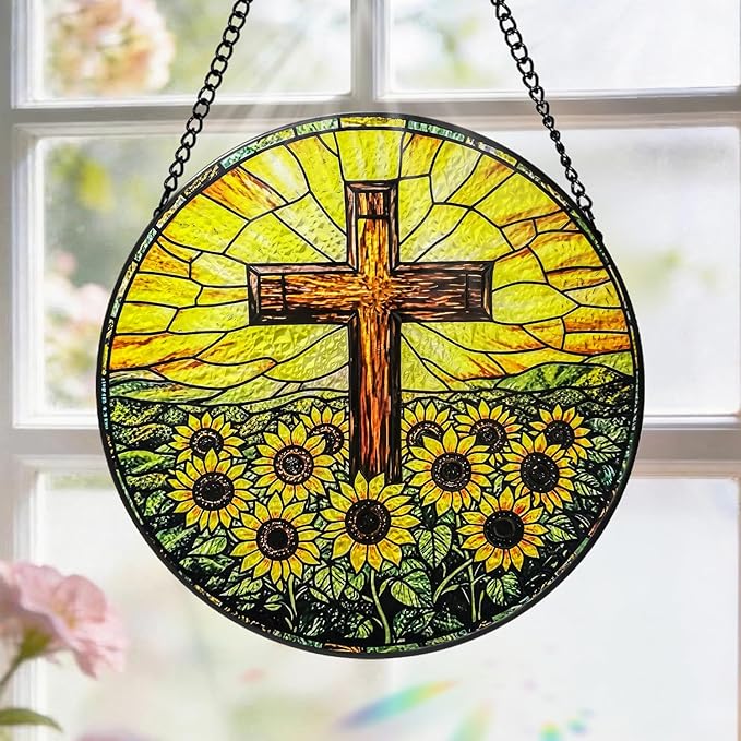 Stained Glass Window Hanging, 8 Inch Stained Glass Cross Sunflower Suncatcher, Christian Sun Catchers Indoor Window, Flower Cross Religious Home Garden Decor, Easter Faith Christian Gifts for Women