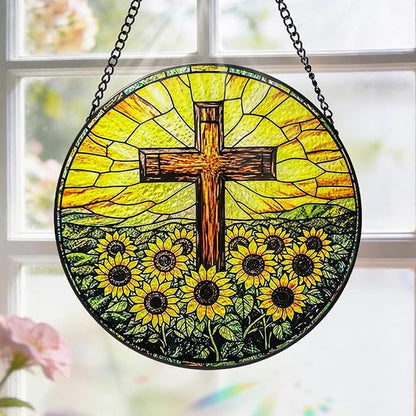 Stained Glass Window Hanging, 8 Inch Stained Glass Cross Sunflower Suncatcher, Christian Sun Catchers Indoor Window, Flower Cross Religious Home Garden Decor, Easter Faith Christian Gifts for Women