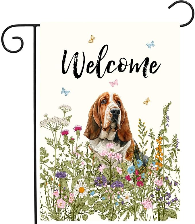 Spring Summer Garden Flag Floral Basset Hound Yard Flag Flower Dog Garden Flags for Outside Small Outdoor Welcome Flags 12x18 Double Sided