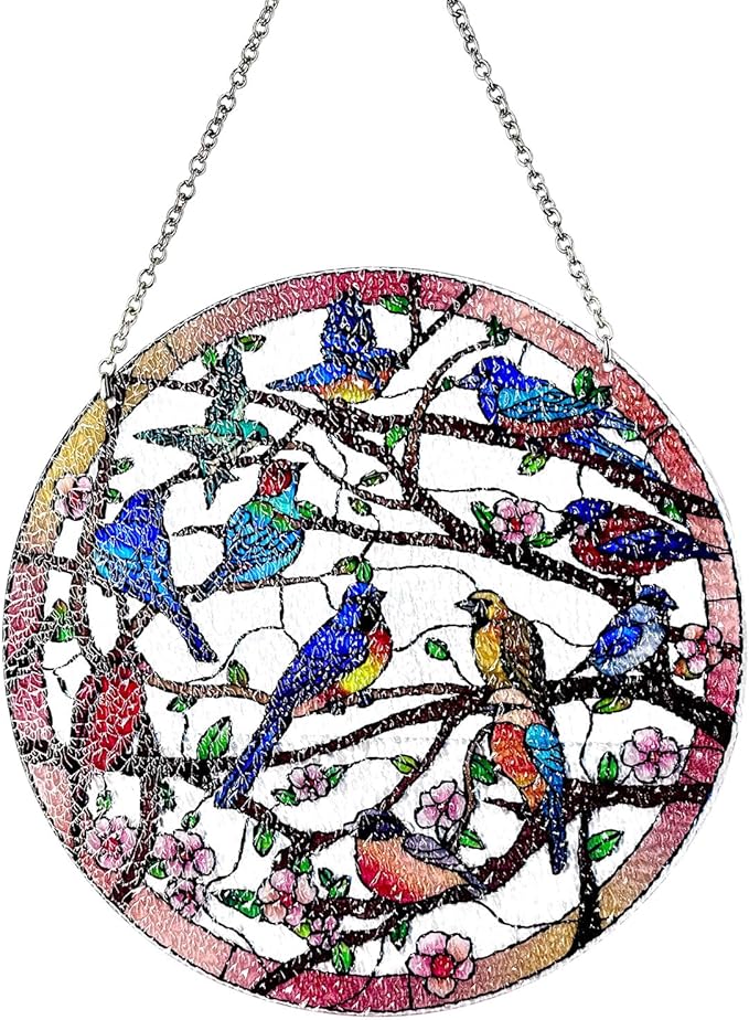 Birds and Flowers Hanging Stained Glass for Windows, Hand-Painted Sun Catcher Garden Hangings Christmas Mother's Day, Valentine's Day Ornaments Festival Gift (Large)