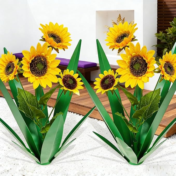 DDQ Metal Agave Plant Outdoor Decor with Artificial Flowers, Mexican Style Garden Sculpture, Waterproof Yard Art for Patio Lawn, Multiple Flower Options (Green Agave + Sunflower/Red/Yellow/Purple)