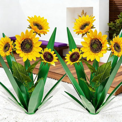 DDQ Metal Agave Plant Outdoor Decor with Artificial Flowers, Mexican Style Garden Sculpture, Waterproof Yard Art for Patio Lawn, Multiple Flower Options (Green Agave + Sunflower/Red/Yellow/Purple)