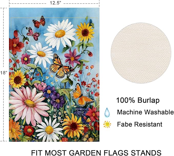 Balgardekor Daisy Flower Garden Flag Double Sided Butterfly Seasonal Floral Yard Ourdoor Decoration 12x18 Inch Outside Small Yard Flag (Butterfly, 18"L x 12"W)