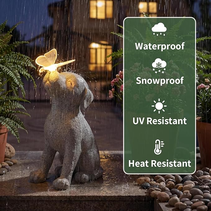 Lyeasw Dog Solar Statues with Butterfly - Waterproof Gray Dog Garden Decor for Patio, Yard, Porch- Cute Puppy Figurines with Solar LED Lights for Outdoor Decor, Pet Memorial Gift