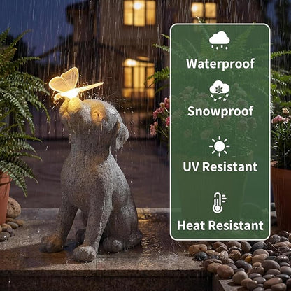 Lyeasw Dog Solar Statues with Butterfly - Waterproof Gray Dog Garden Decor for Patio, Yard, Porch- Cute Puppy Figurines with Solar LED Lights for Outdoor Decor, Pet Memorial Gift