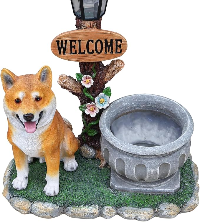 Solar Light Animal Outdoor Statue Planter with Welcome Sign, Resin Garden Sculpture Flower Pot for Patio Lawn Porch Yard Courtyard Decor, Weather-Resistant Decorative Figurine Accent (J)
