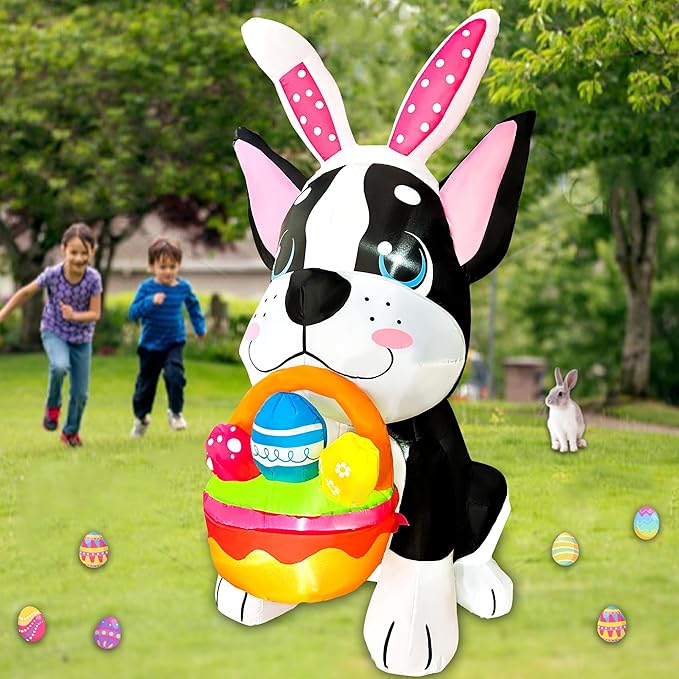 5 FT Easter Inflatables Dog Outdoor Decoration, LED Blow Up Yard Cute Dog with Easter Eggs for Party Spring Garden Drawing Room Indoor Decorations