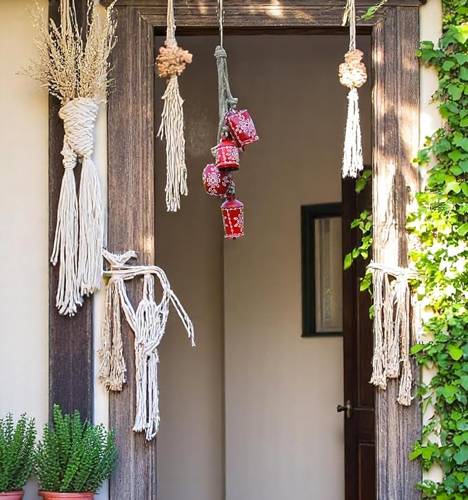Cow Bell Wind Chime 25” Long- 5 Rustic Jingle Bells for Christmas Decor, Garden, Door Knob, Porch, Farmhouse, Meditation, Boho Hanging Bells, Metal Vintage Chime for Outdoor & Indoor (Red)