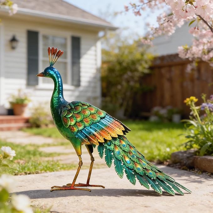 chisheen Metal Peacock Statue Garden Decor Yard Art Sculpture Outdoor Decoration for Lawn,Patio,Backyard,Housewarming Birthday Gifts for Women,Mom,Grandma (Green)