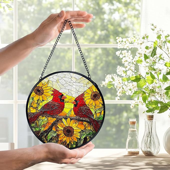 Sunflower Cardinal Suncatchers Stained Glass Window Hanging, Cardinal Gifts for Women, Sunflower Sun Catchers Indoor Window Glass Round Wall Decor, Flower Wall Hanging Decorations, 7.9x7.9in
