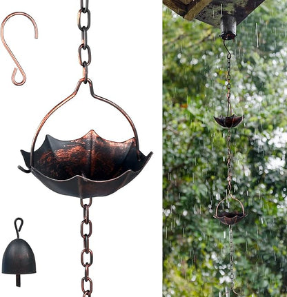 Invech Adjustable Rain Chains for Gutters, 12.5FT Outside Rain Chains with 12 Cups, Umbrella Shaped Rain Catcher Chain with Bell for Eaves Drainage, Replacement for Downpout