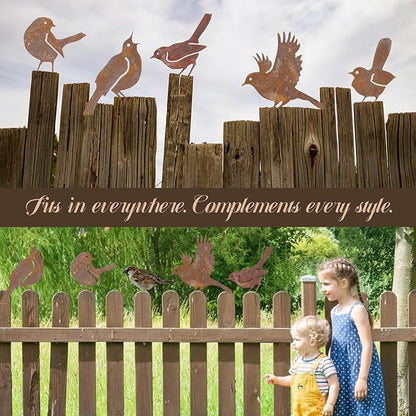 5PCS Rusty Birds Fence Decoration, Outdoor Metal Birds Decor for Yard, Rustic Garden Decor.