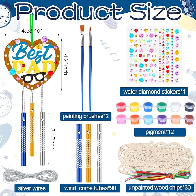 DoubleFill 30 Pack Wind Chime Kit Make You Own Father's Day Wind Chimes Crafts DIY Coloring Wooden Father's Day Art and Craft for Dad's Birthday Gifts Party Decoration Hanging Ornaments