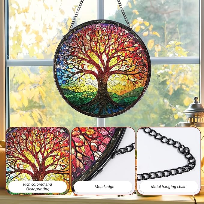 Rngmsi Tree of Life Sun Catchers Stain Glass Window Hanging Indoor, 7.8″ Stained Glass Window Hanging Home Decor, Suncatcher Wall Art Gift for Women Thanksgiving Christmas Housewarming
