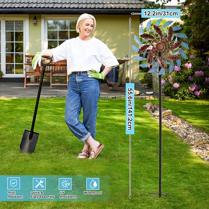 Metal Outdoor Wind Spinner, Wind Sculpture Spinner with Metal Stake, Waterproof 360 Degrees Kinetic Windmill Art Decoration for Patio Garden Lawn (Blue+Brown)