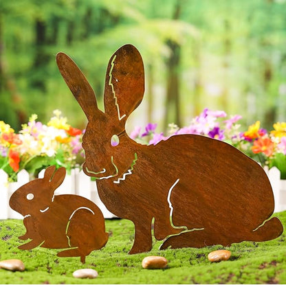 CroBlissful 2 Pack Mama and Baby Bunny Garden Stake, Metal Realistic Long Ear Rabbit Animal Stake Pack Decorative Garden Stakes Yard Art Flowerbed Outdoor Decoration, Rust