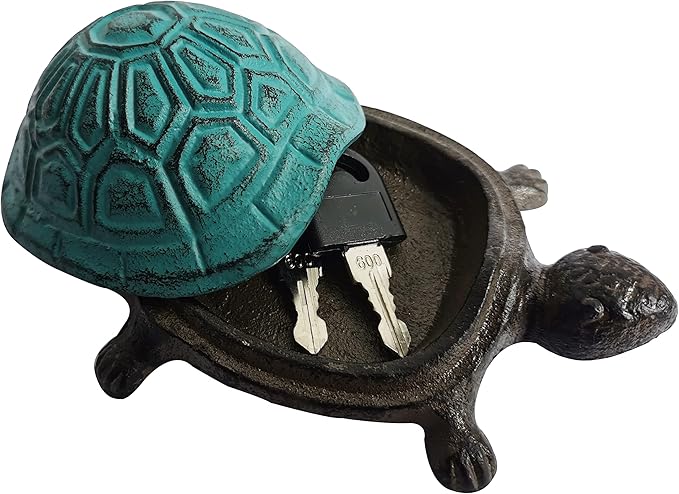BSTGIFTS Cast Iron Turtle Key Hider - Spare Key Holder & Garden Decoration - Trinkets Box for Jewelry, Ear Studs, Ring & Paper Clips (Antique Blue)