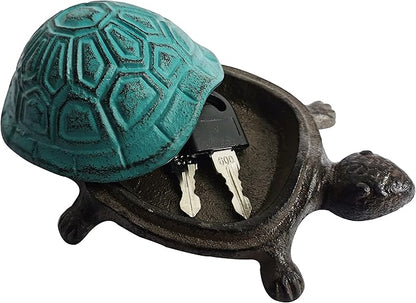 BSTGIFTS Cast Iron Turtle Key Hider - Spare Key Holder & Garden Decoration - Trinkets Box for Jewelry, Ear Studs, Ring & Paper Clips (Antique Blue)