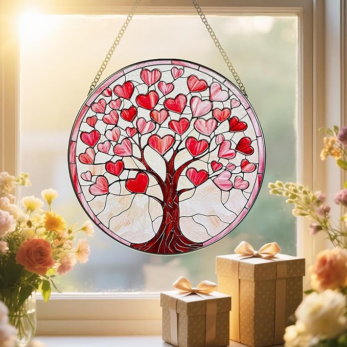 Stained Glass Window Hanging - 8 Inch Love Heart Tree Sun Catcher, Suncatcher Window Decor | Anniversary, Birthday, Christmas, Mother's Day, Valentine’s Day Gifts for Lover, Wife, Girlfriend, Mom
