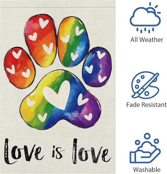 Heyfibro Love is Love Pride Garden Flag 28x40 Double Sided Burlap, Rainbow Footprints Gay Lesbian LGBT Pansexual Yard Banner for Pride Month Outdoor Decoration (ONLY FLAG)