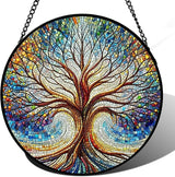 Stained Glass Window Hanging, Blue Tree of Life Suncatcher for Window Doors Garden Home Decoration, Colorful Glass Panel Ornaments for Women,Men,Wife, Lovers, and Mom 7.8×7.8 in