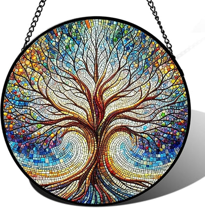 Stained Glass Window Hanging, Blue Tree of Life Suncatcher for Window Doors Garden Home Decoration, Colorful Glass Panel Ornaments for Women,Men,Wife, Lovers, and Mom 7.8×7.8 in