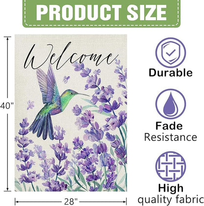 Dyrenson Welcome Spring Summer Hummingbird Lavender 28 x 40 House Flag Double Sided, Purple Flower Floral Garden Yard Decorations, Seasonal Burlap Outdoor Decor Decorative Large Flag