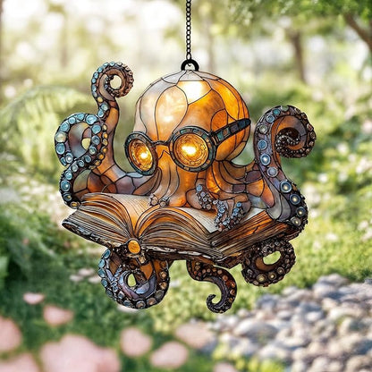 Reading Kraken Octopus Acrylic Suncatcher, Bookish Suncatchers for Window Hanging Ornament, Art Garden Decor for Book Lover Reader Bookworm, Gifts for Mother's Day, Mom, Grandma, Wife, Women, Nana