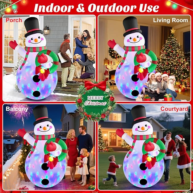 MICOCAH 8FT Christmas Inflatables Outdoor Decorations, Inflatable Snowman Holding Garland Blow Up Yard Decoration Build-in Rotating Colorful LEDs Xmas Holiday Party Indoor Lawn Christmas Eve Décor