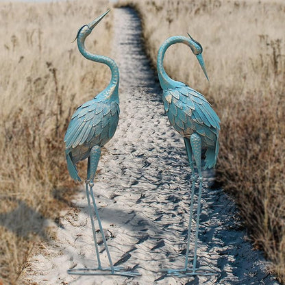 35-40 Inch Standing Garden Crane Statues for Outdoor, Metal Birds Yard Art Garden Crane Sculpture for Home Backyard Pond Patio Lawn Spring Decoration, Easter Decorations for Home, Set of 2
