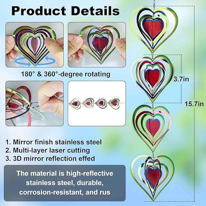 12 Pcs Heart Wind Spinners Colorful: Outdoor Garden Decor Metal Yard Lawn Ornaments with 360 Degree Swivel Hook, Reflective Bird Device Deterrent to Keep Birds Away from Porch Yard Patio Parking