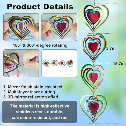 9 Pcs Heart Wind Spinners Colorful: Outdoor Garden Decor Metal Yard Lawn Ornaments with 360 Degree Swivel Hook, Reflective Bird Device Deterrent to Keep Birds Away from Porch Yard Patio Parking