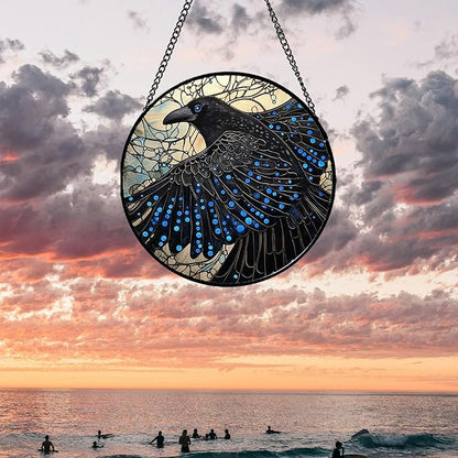 Stained Glass Window Hanging - Black Crow Big Wings Suncatcher for Doors Garden Patio Bird Sun Catchers Decor Christmas Mother's Day Birthday Gifts for Women Men Mom Nana Friend 9.8 in