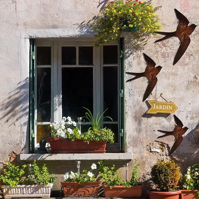 Kathfly 3 Pcs Rusty Metal Birds Outdoor Garden Art Farmhouse Rustic Bird Wall Ornaments Decor Vintage Metal Statue Wall Art for Fence Yard Decoration Outdoor and Garden 8.27", 7.09", 5.91"