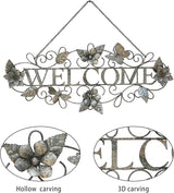 Queltharion Metal Welcome Wall Decor Rustic Farmhouse Distressed Flower and Butterfly Welcome Sign Hanging Decorative for Garden Porch Patio Yard Outdoor 23.5" L Blue