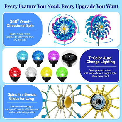 Solar Wind Spinners Outdoor, Metal Large Garden 24" Windmill with Solar Light, 7 Color LED, Wind Sculpture for Yard & Lawn, 5 Legs Ground Stake, 84.6" to 49.8" Height, Large Wind Spinner