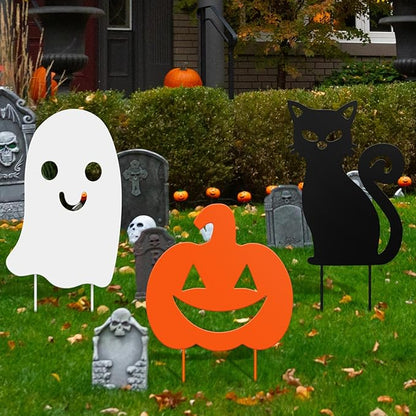 3 Pack Halloween Decorations Outdoor Metal Halloween Garden Stakes Metal Ghost Pumpkins Black Cat Yard Signs Decor for Outside Garden Lawn Porch Patio Party Decorations(Mixed Style)